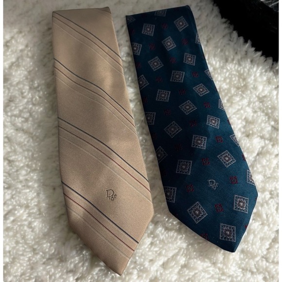 Lot Of 2 Vintage Christian Dior Monsiiuer Ties Silk USA Tan Striped + Teal Print - Picture 1 of 8